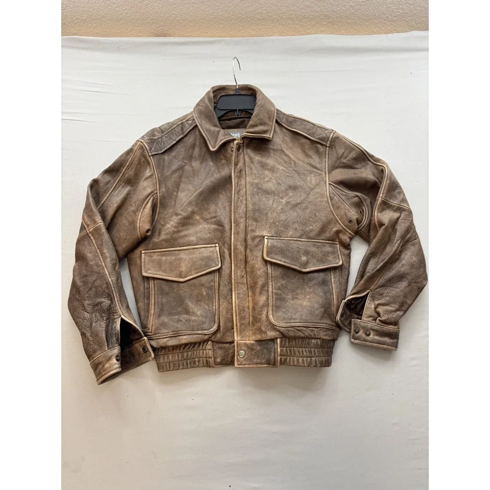 Wilson Leather Men's Distressed Brown Leather Bomber Jacket Coat Size 46 Vintage
